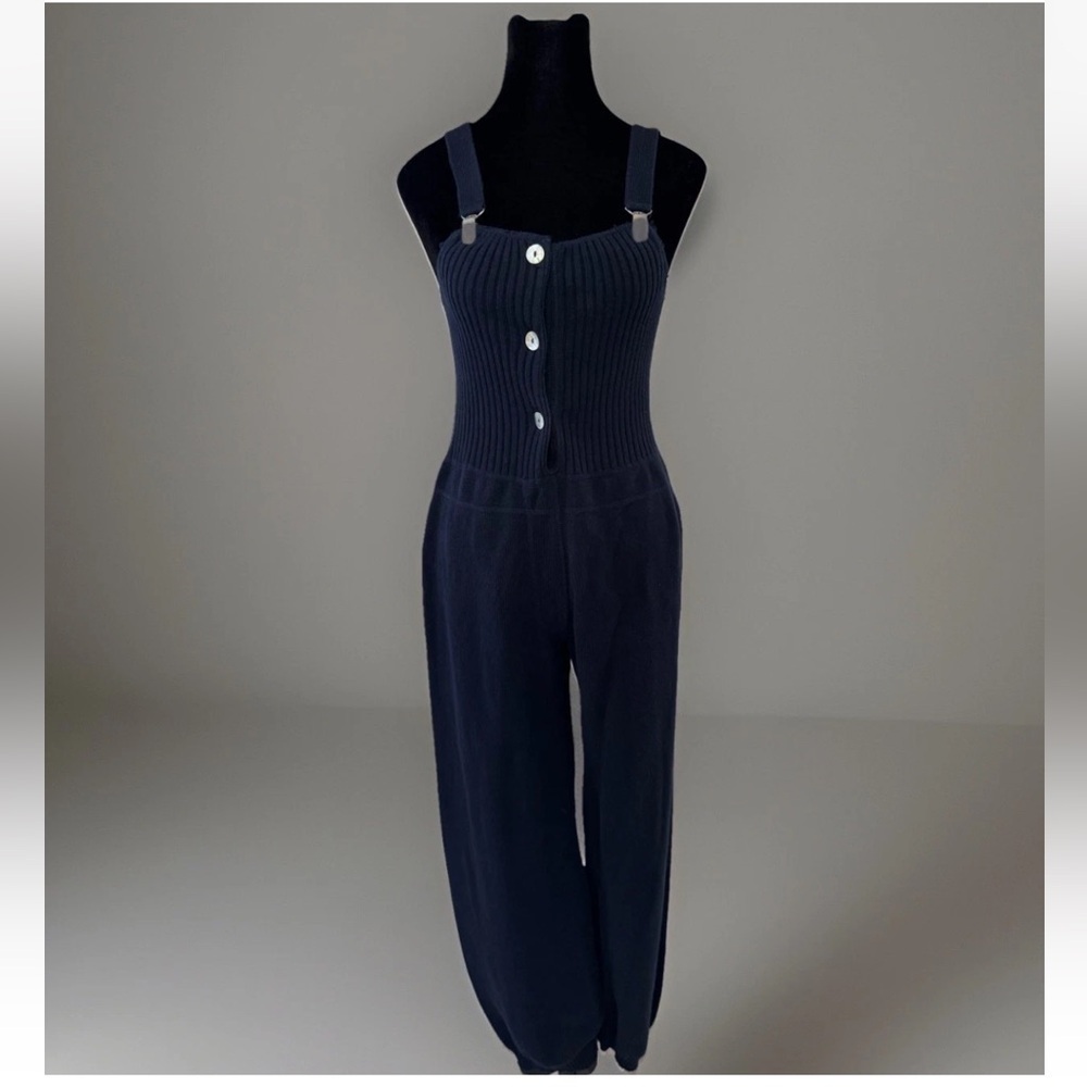 Brazeau Tricot Knit Overall Jumpsuit Sz S Made In USA Navy Blue Cotton Lux Boho